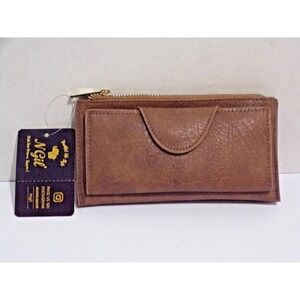 NGil Brown Faux Leather Women's Wristlet Sleek Wallet Gold Tone Trim & Zipper